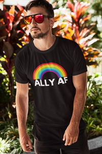 White man wearing sunglasses and a black t-shirt that says ALLY AF